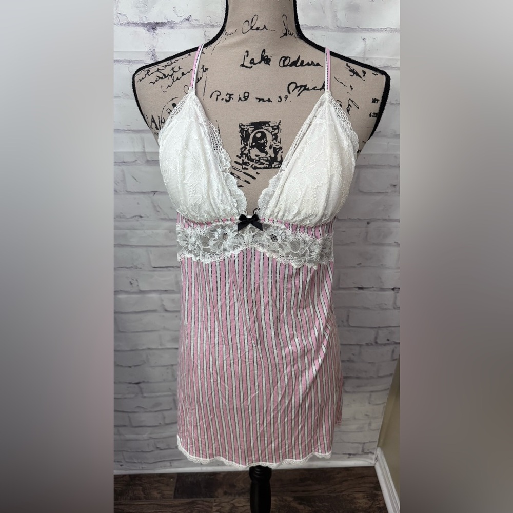 Victoria’s Secret Med Babydoll‎ Pink Striped Slip Dress Lace Stretch Neglige
